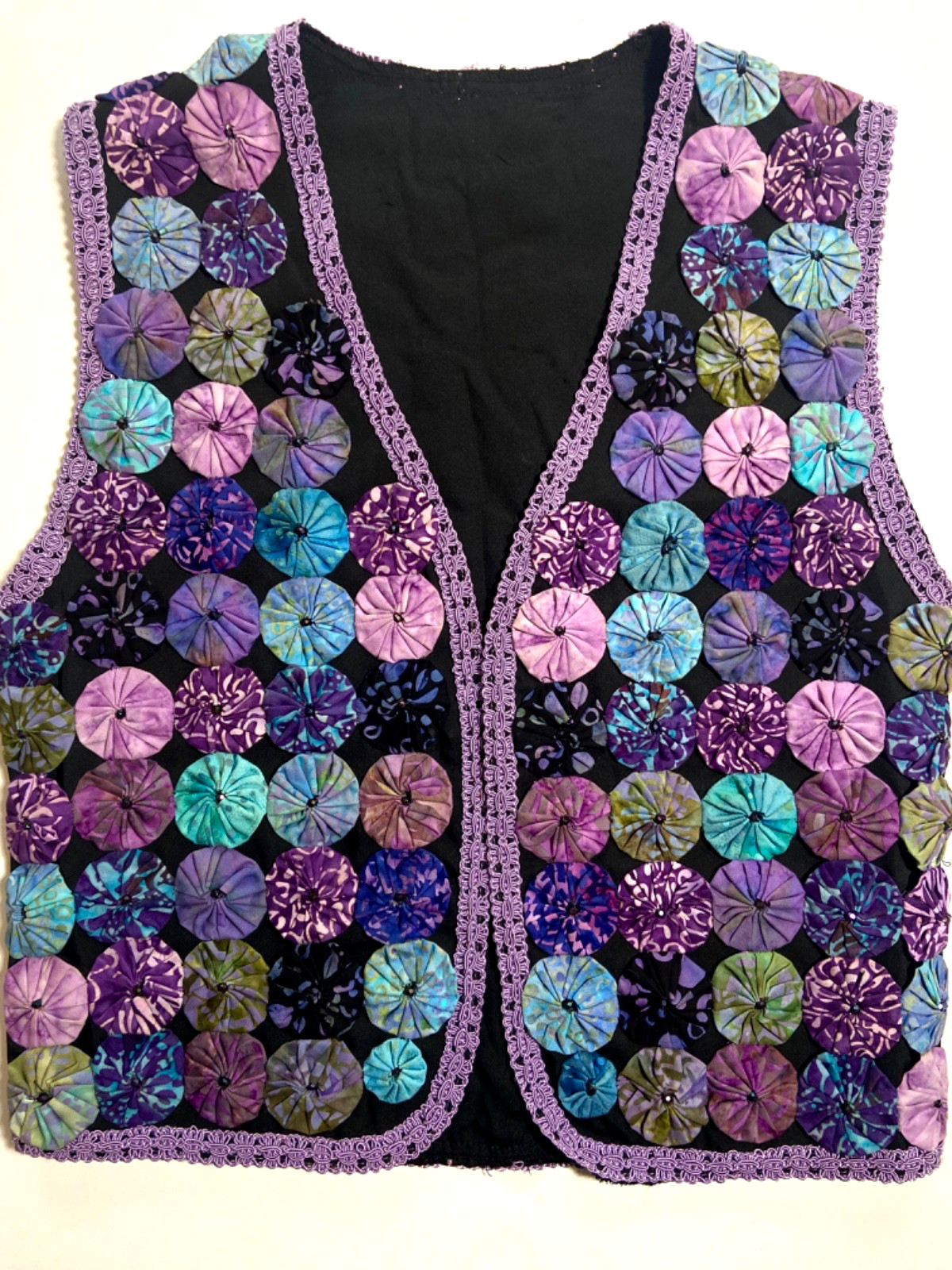 Vintage Quilted Yoyo Vest Purple & Black Lined Handmade Bust 35″ Cottage Core