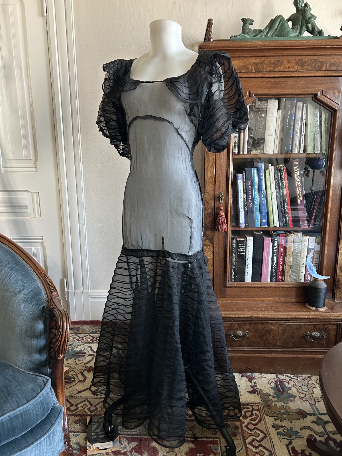Vintage 1930s Sheer Black Mesh Net Gown Dress Bolero Set Bias Cut Deco Maxi S/M