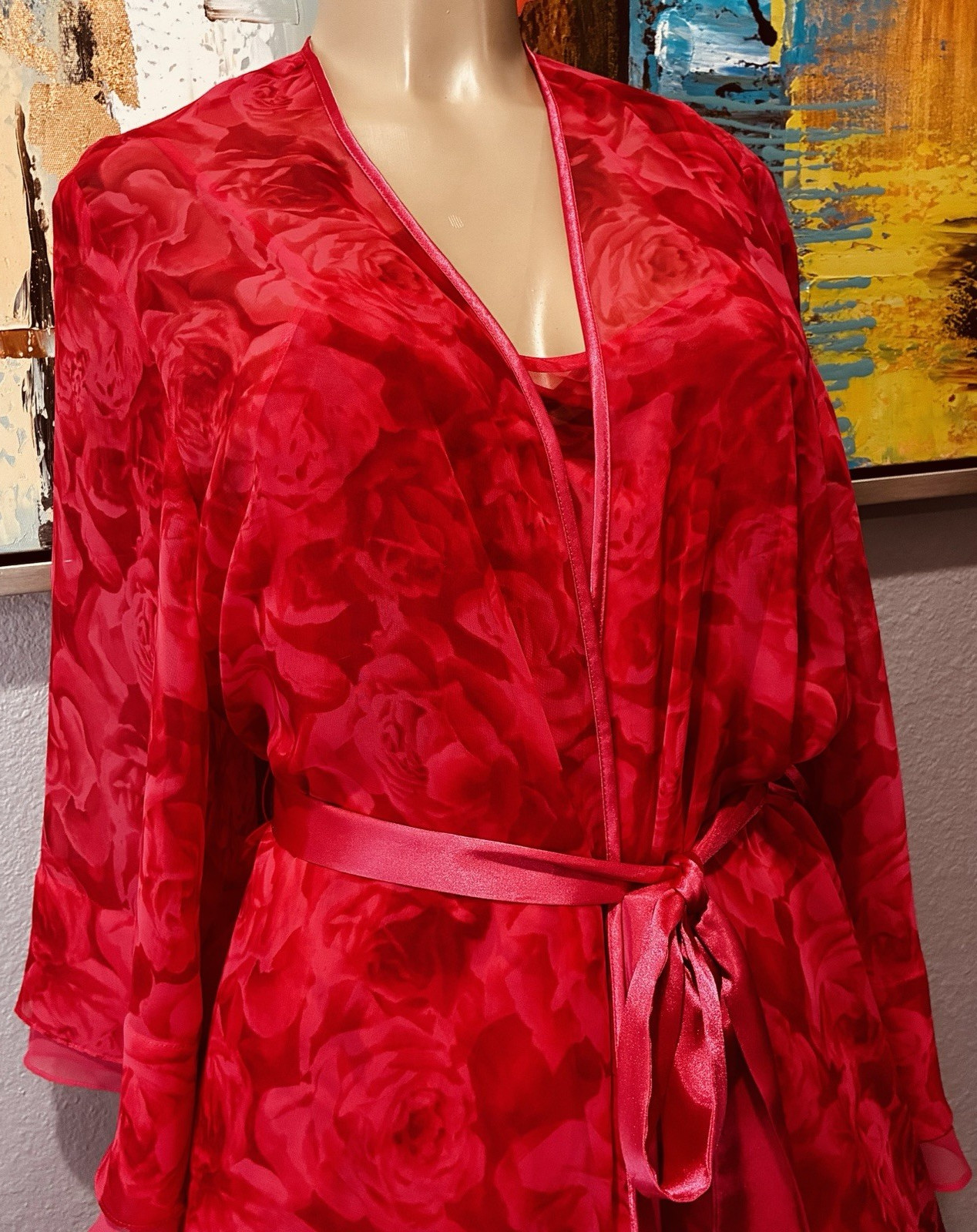 Vtg Pink Coral Double Chiffon Nightgown Tassel Satin Robe S M