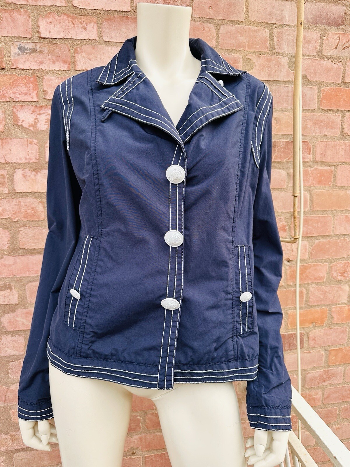 MOSCHINO Blazer Jacket Short Navy Blue White Popeye Buttons Cartoon Size IT 46 L
