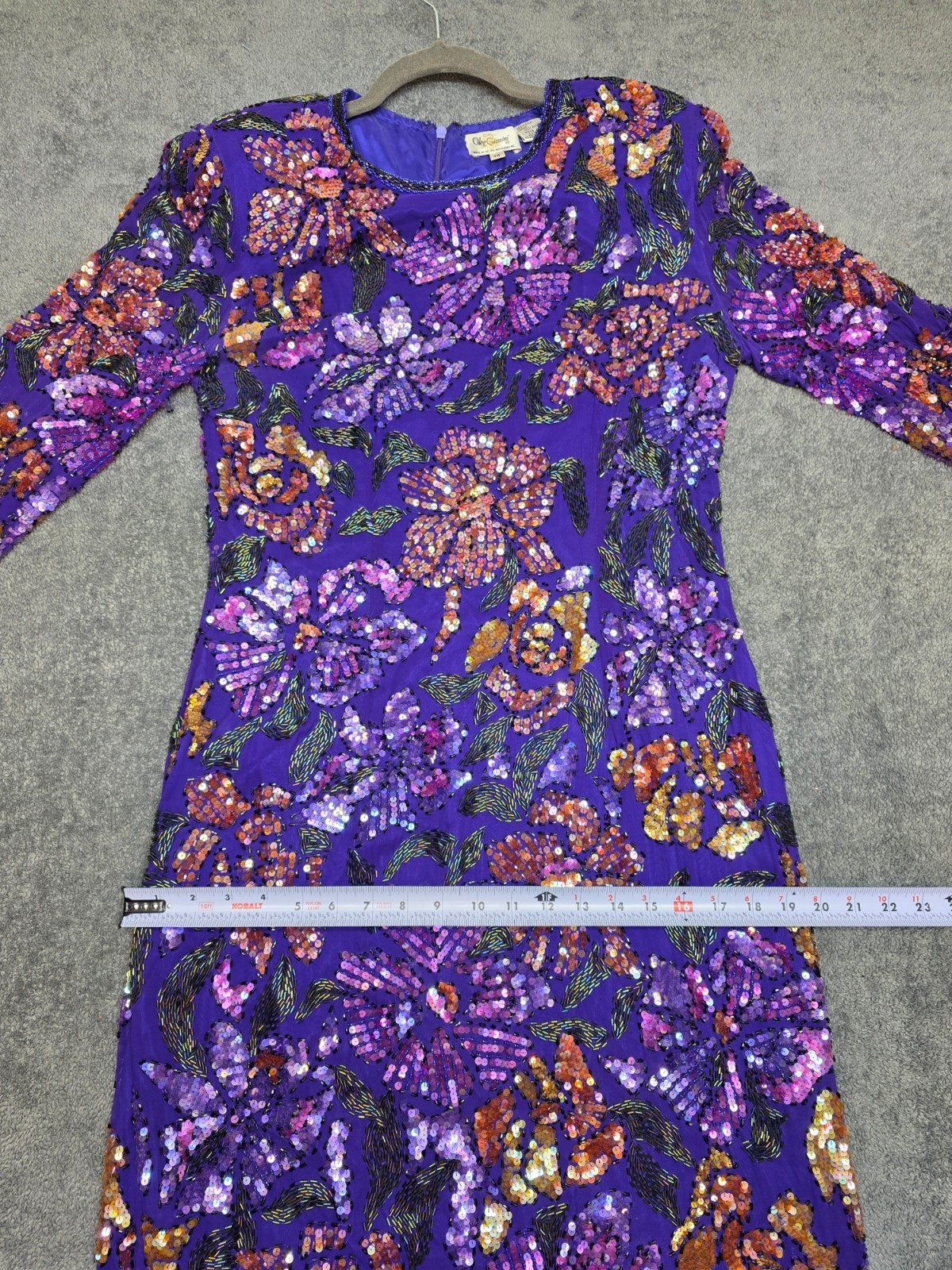 Vintage Oleg Cassini Silk Beaded Sequin Floral Evening Dress Purple Sz 14