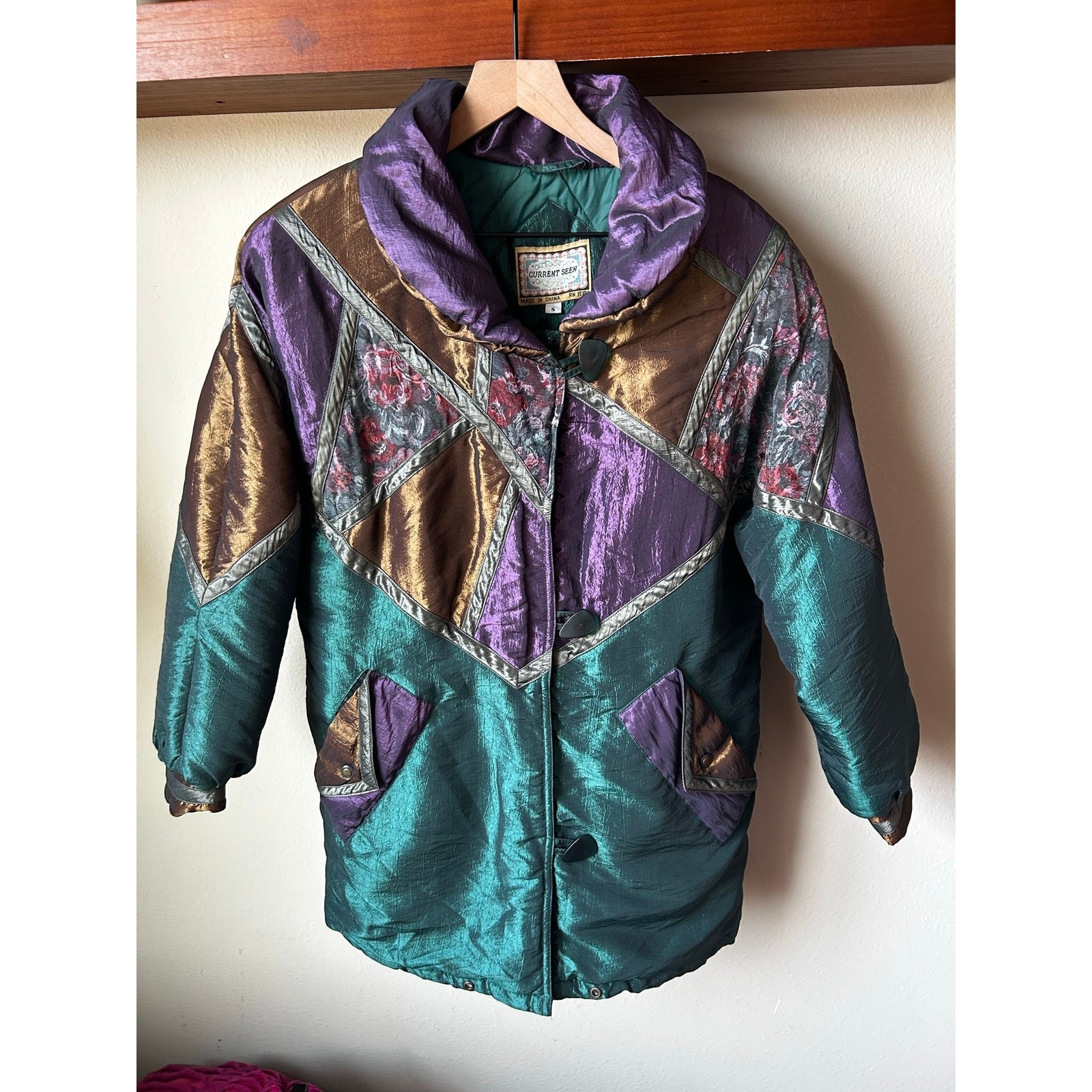 Current Seen Vintage Metallic Quilted Puffer Jacket Purple Teal S