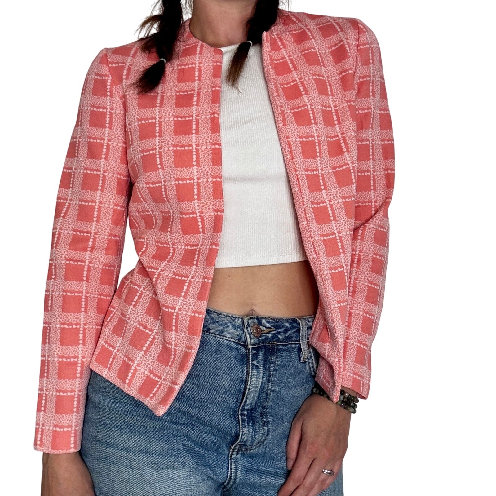 Vintage 1970s Salmon Pink Plaid Blazer Polyester Knit Jacket Hand Tailored