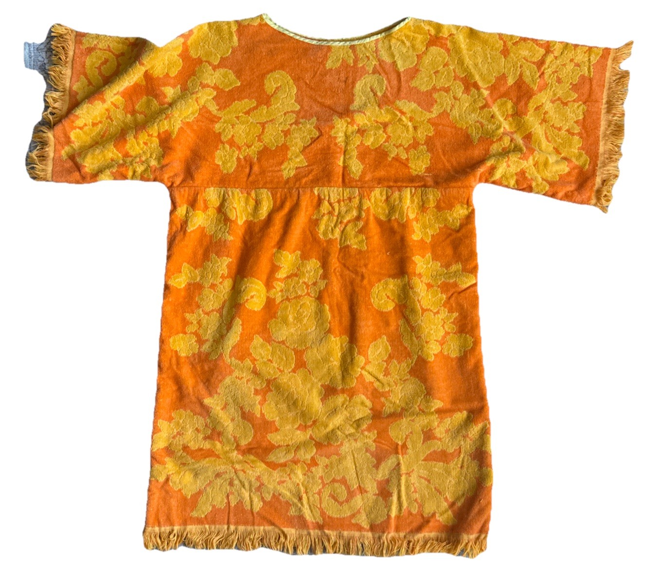 Vtg Bright Orange Cover-Up Fringe Terrycloth Towel Dress Caftan