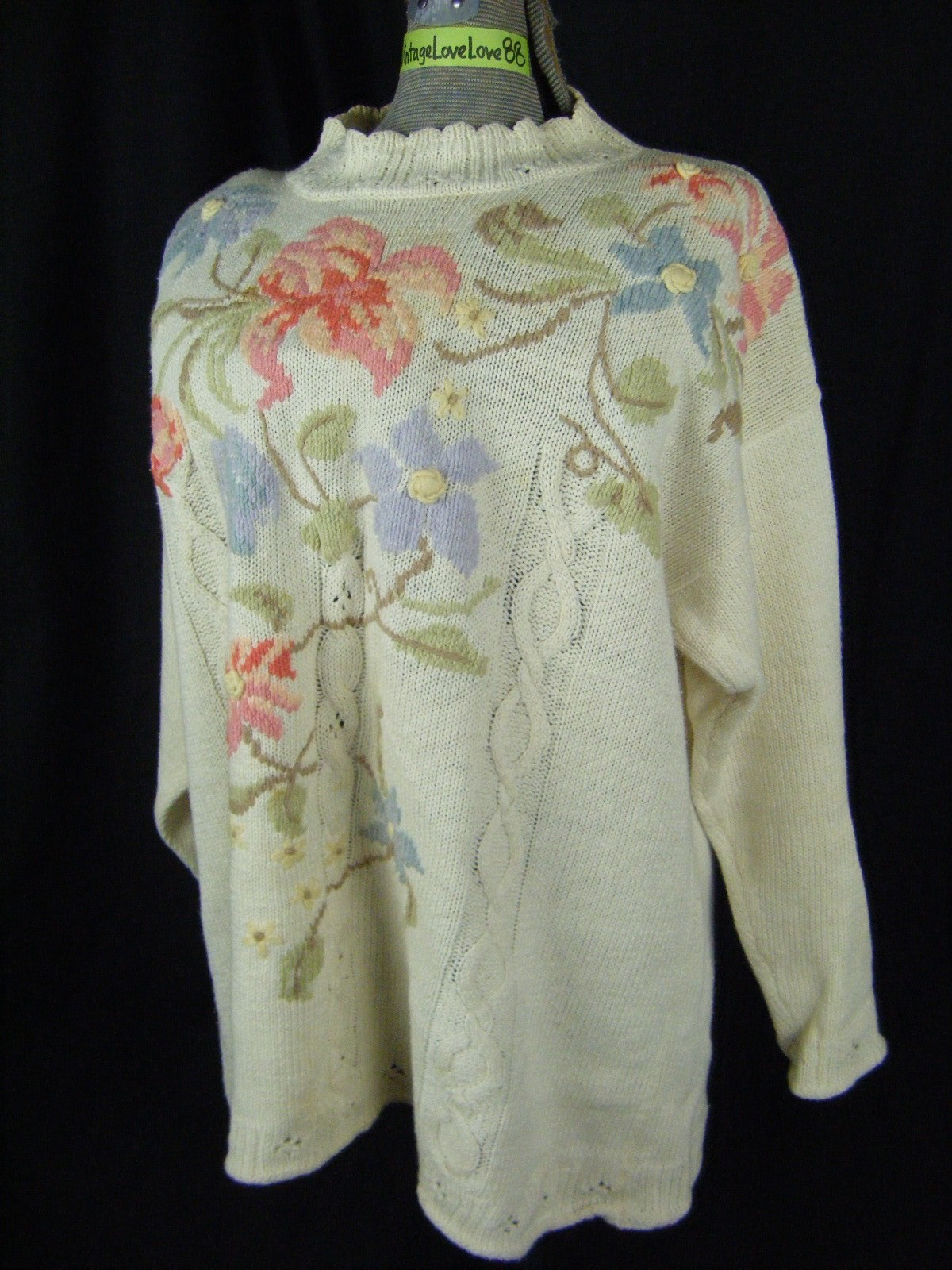 ERIKA Vtg 90s Ivory Floral Ramie Blend Knit Sweater-Bust 48/L