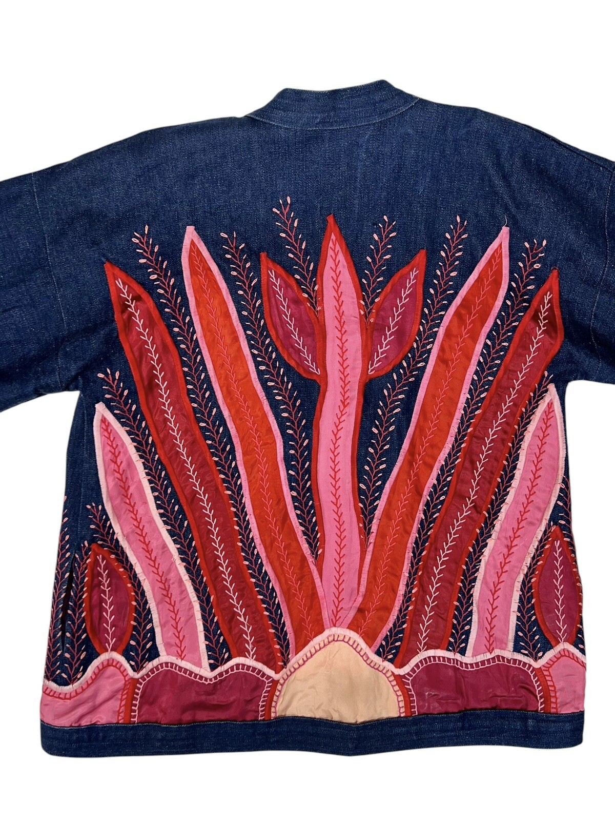 Vtg Judith Roberts La Coleccion Fiber Art Denim Kimono Coat Satin Snake Plants L