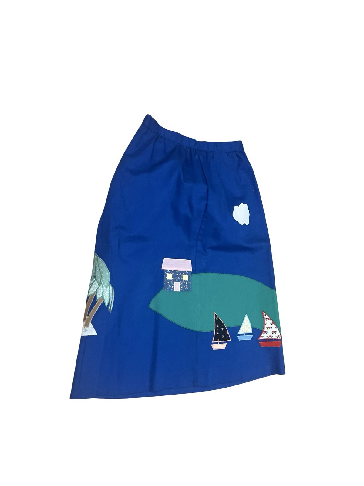 Vtg Patchwork Boats Palm Island Blue Skirt Sz 9/10 Sz M Preppy Resort Cruise 70s