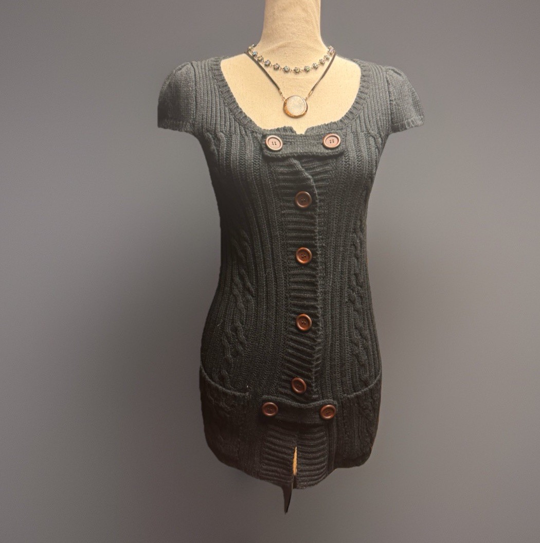 Y2K Knit Mini Dress sz M Dark Academia Sweater Cap Sleeve Mini Short Preppy Cute