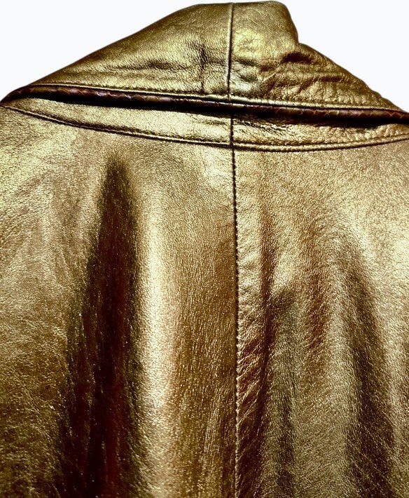 VTG 80s Kanar Gold Lame Metallic Leather Swing Coat Hollywood Glam XL / 2XL
