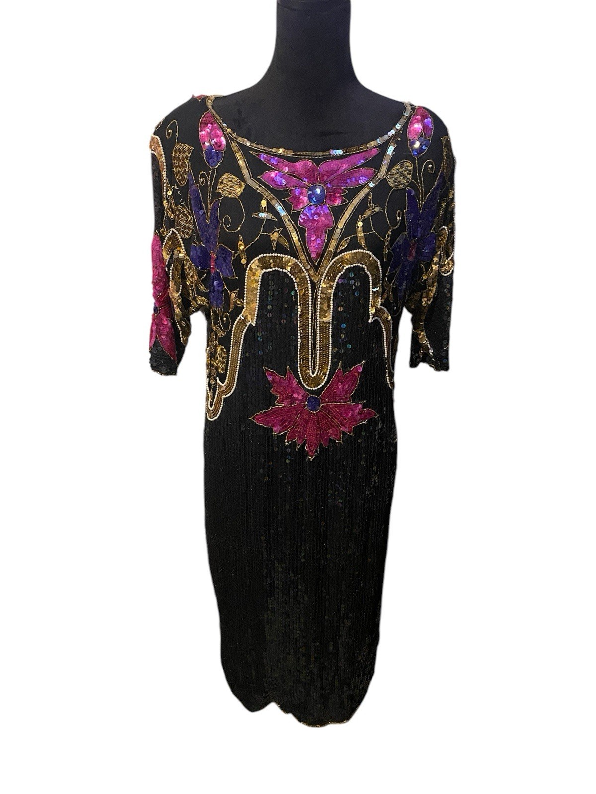 Vintage Chanson D’Amour Womens Dress sz L Black 100% Silk Sequin Beaded 80s