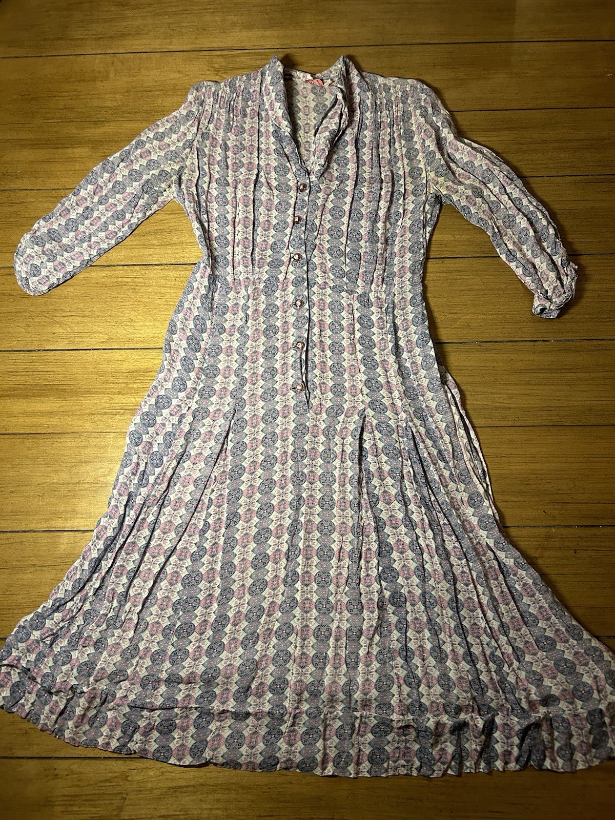 Vintage Rayon Pink Dress With Jeweled Buttons, 27 Inch Waist, Sheer