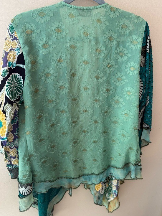 Vintage 90s Sterling Styles Patchwork Kimono Jacket green *flaw* hole