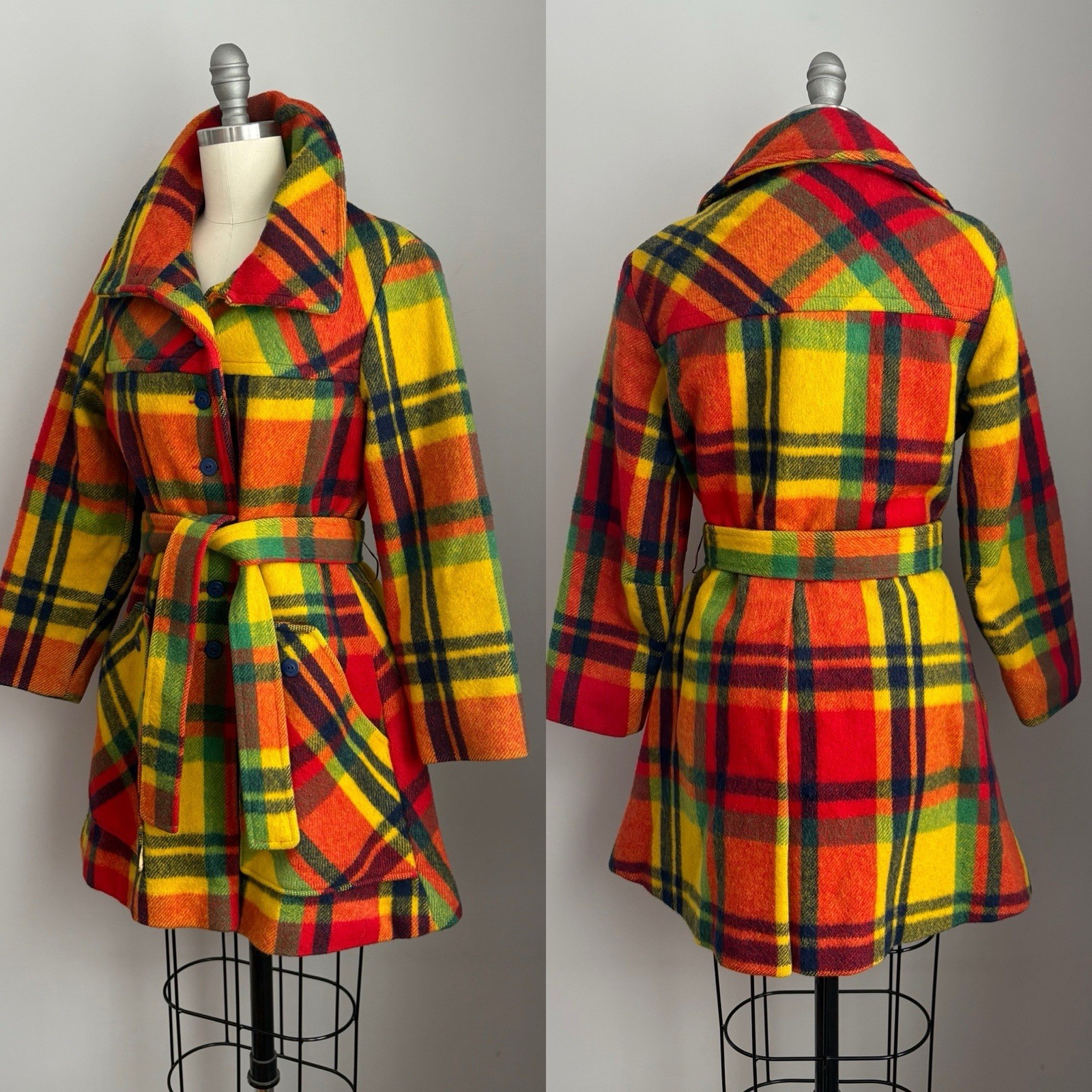 Vintage 1970’s Rainbow Plaid Belted Wool Coat w/ pockets Size XS
