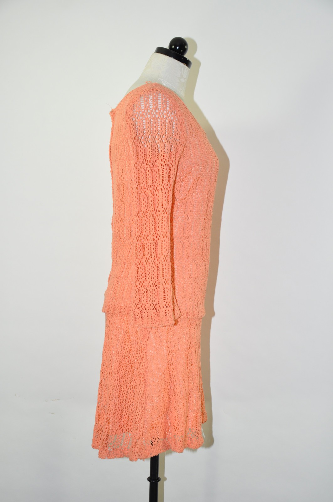 60s Vintage Orange Sorbet Crochet Knit Lace Dropped Waist Mini Dress Women S M