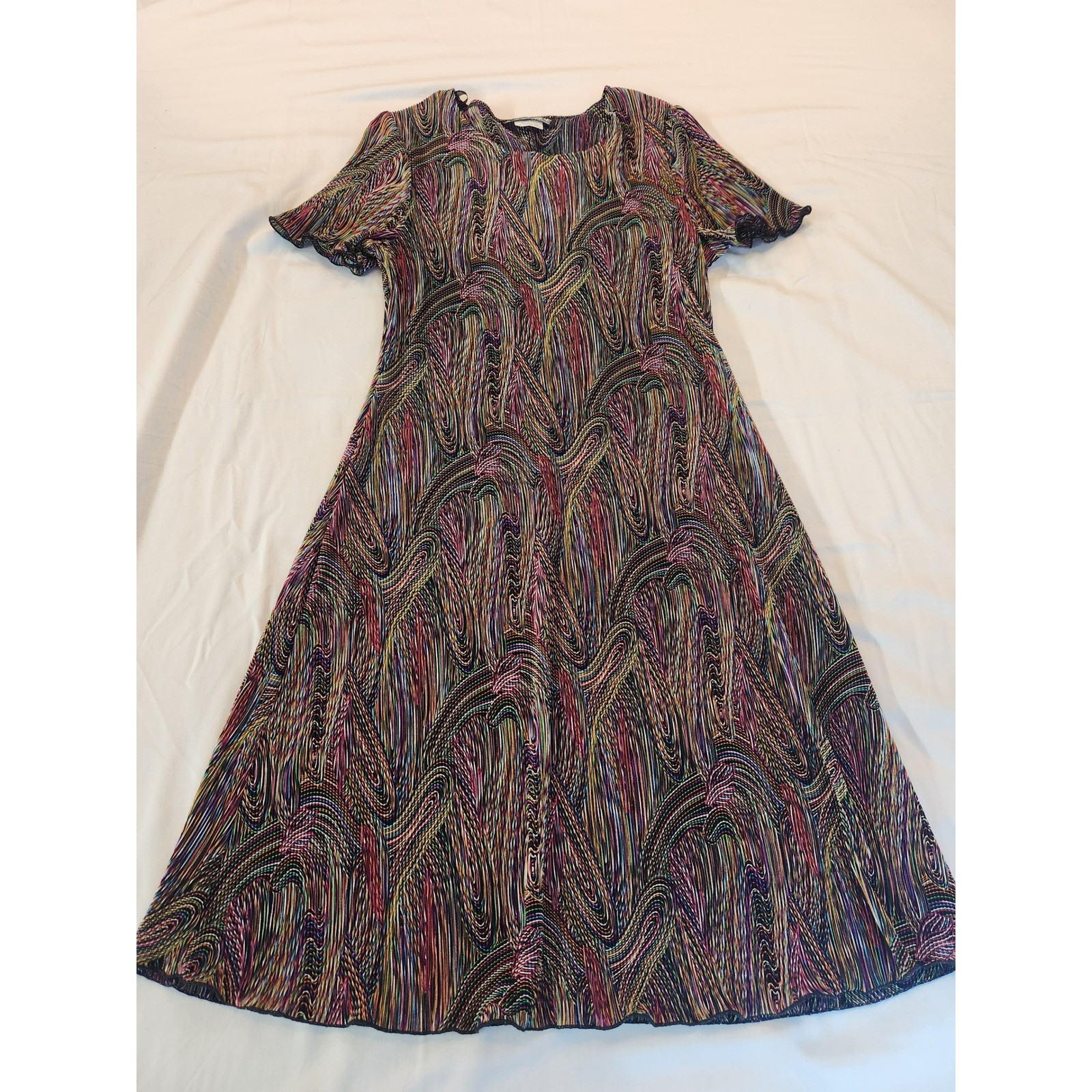 Vintage Sharade of CA Psychedelic Swirl Ribbed Midi Dress 14P Multicolor Sheer