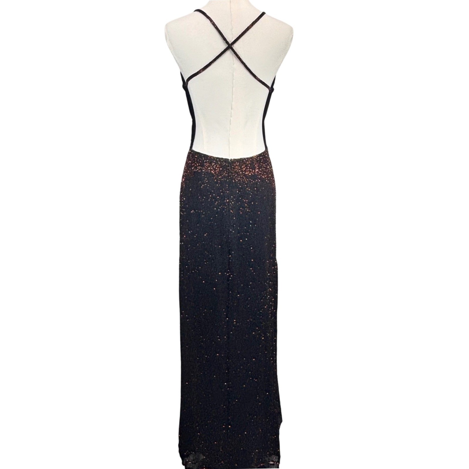 VTG Scala Dress Black Copper Gold Beaded Ombre Backless Formal Gown Silk 4