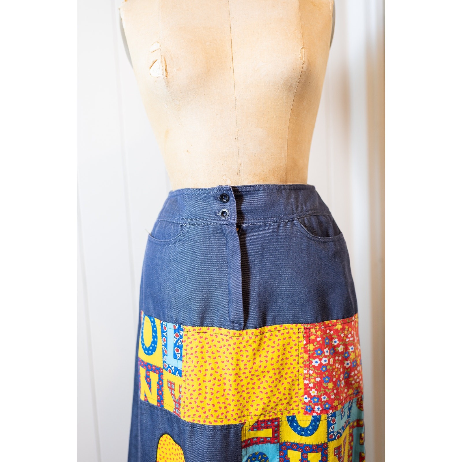 Vintage 70s Patchwork Alphabet Skirt, Colorful Chambray A-Line, Boho Artsy Small