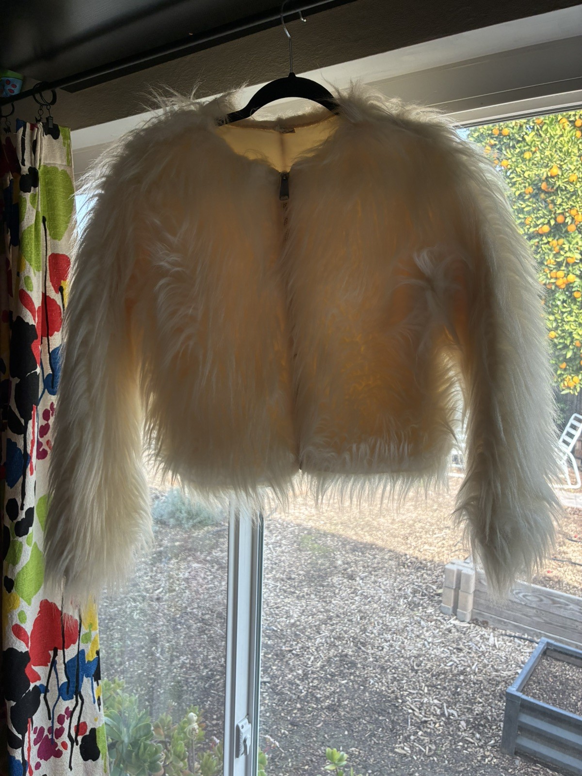 60s 70s Vtg Shaggy Faux Fur White Zip Up Crop Jacket Coat Mod Rocker Glam B34″