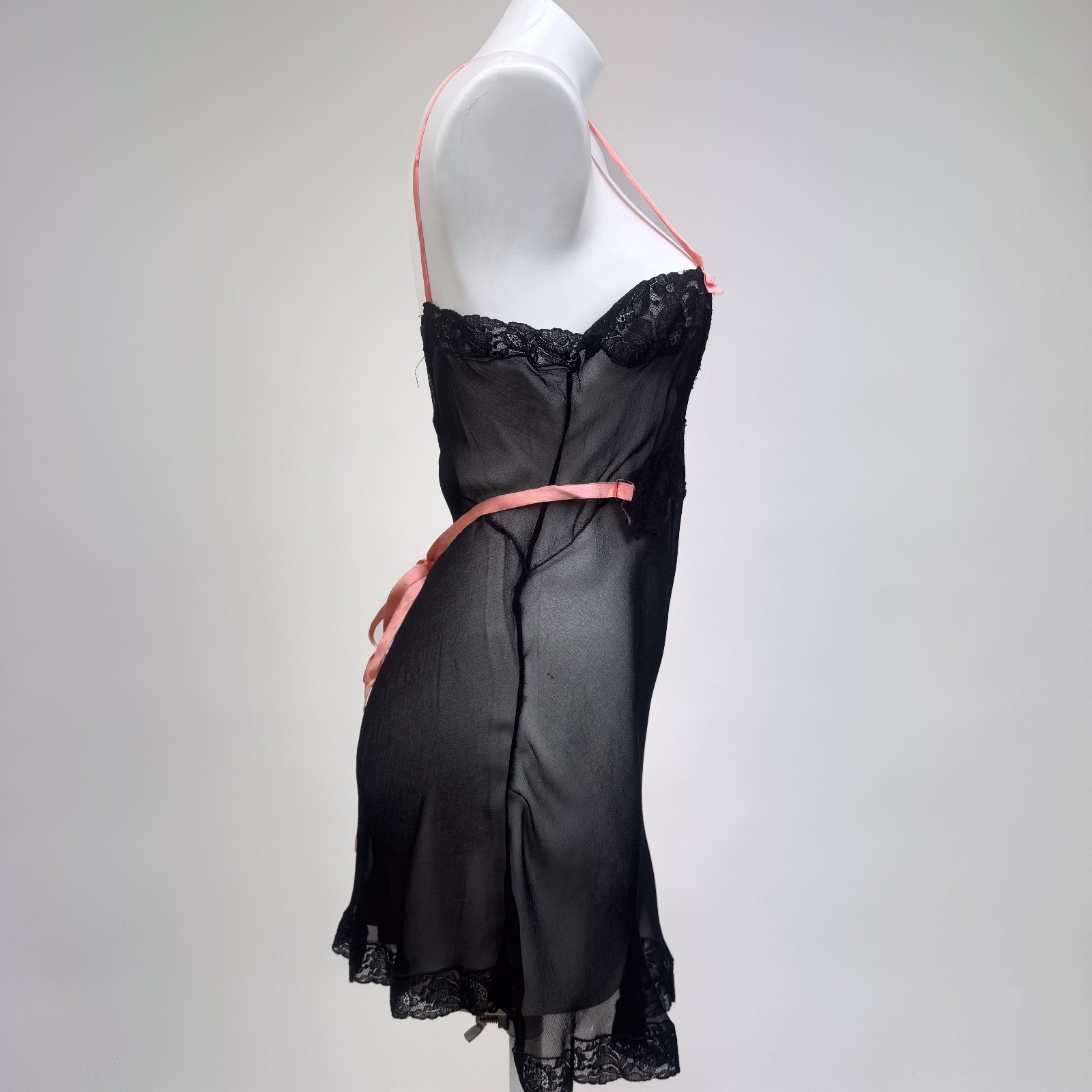 Vintage 1920s Black Silk Chiffon Bias lace Teddy Lingerie Art Deco Pink Ribbon