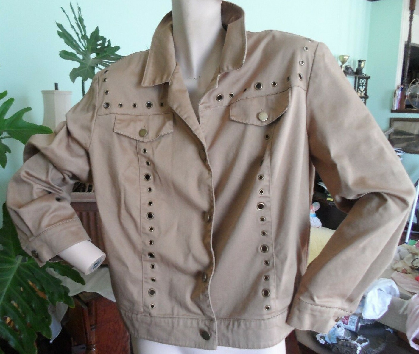 Nancy Bolen City Girl Pant Suit 2 pc jacket slack 12 14 tan Vtg brass emnbellish