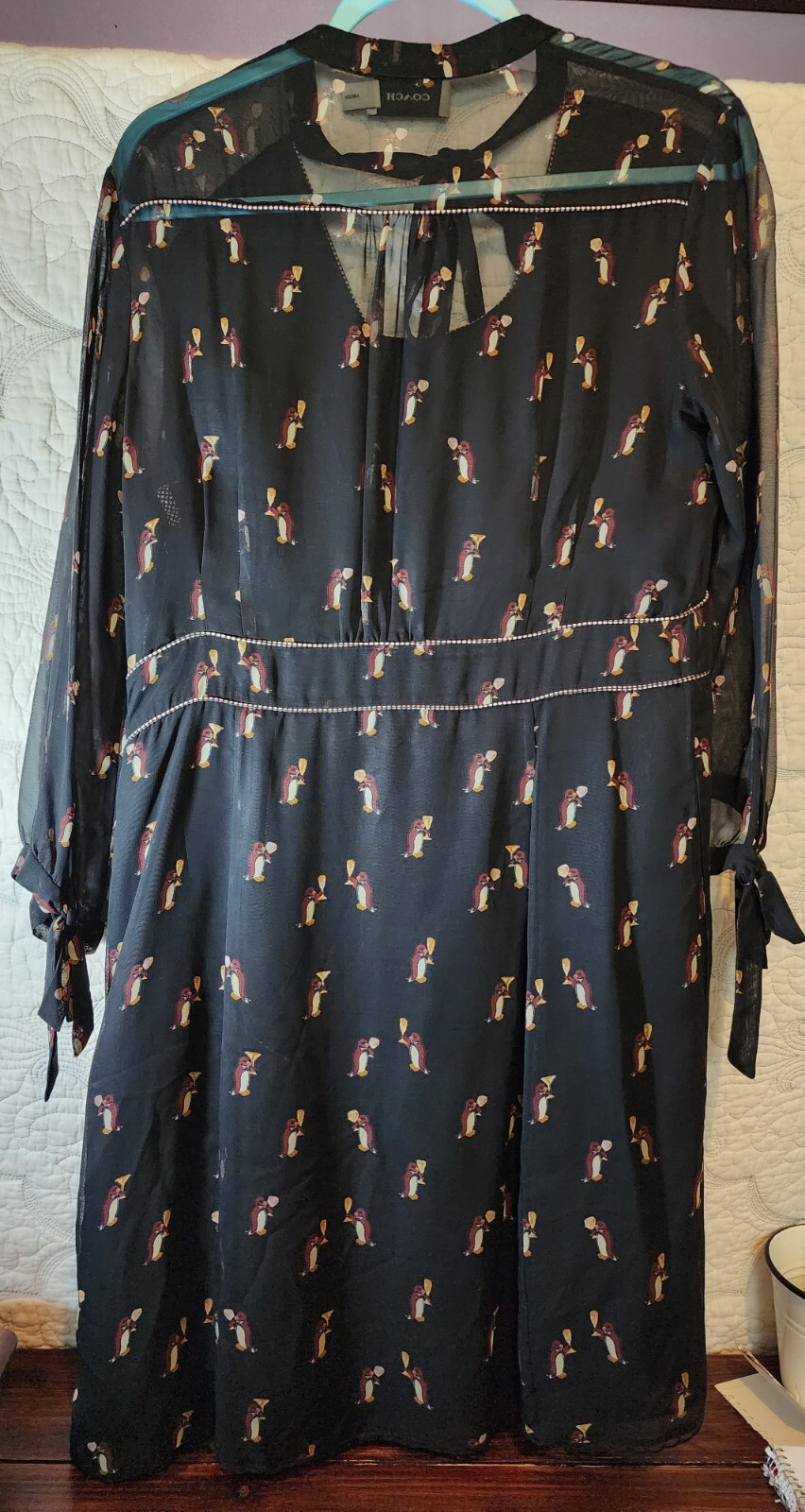 RARE Coach Neck Tie Dress Penguin holding champagne glass Rare print SZ 10.
