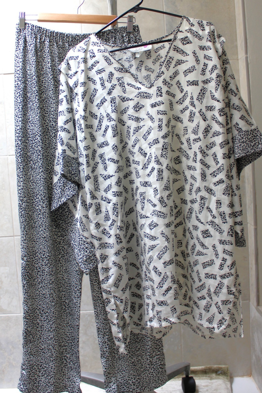 Vtg 80s Sincerely Natalie Ivory/Black Print 2pc Lounge Pants (L) Kimono Top (M)