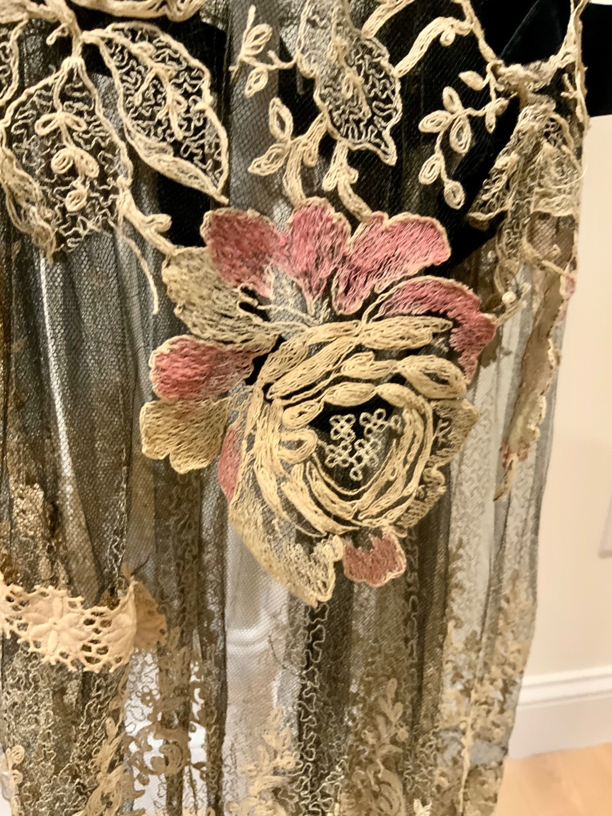 Rare 1920s French Lace Dress. Black Net & Pink Floral Embroidery. Restored S