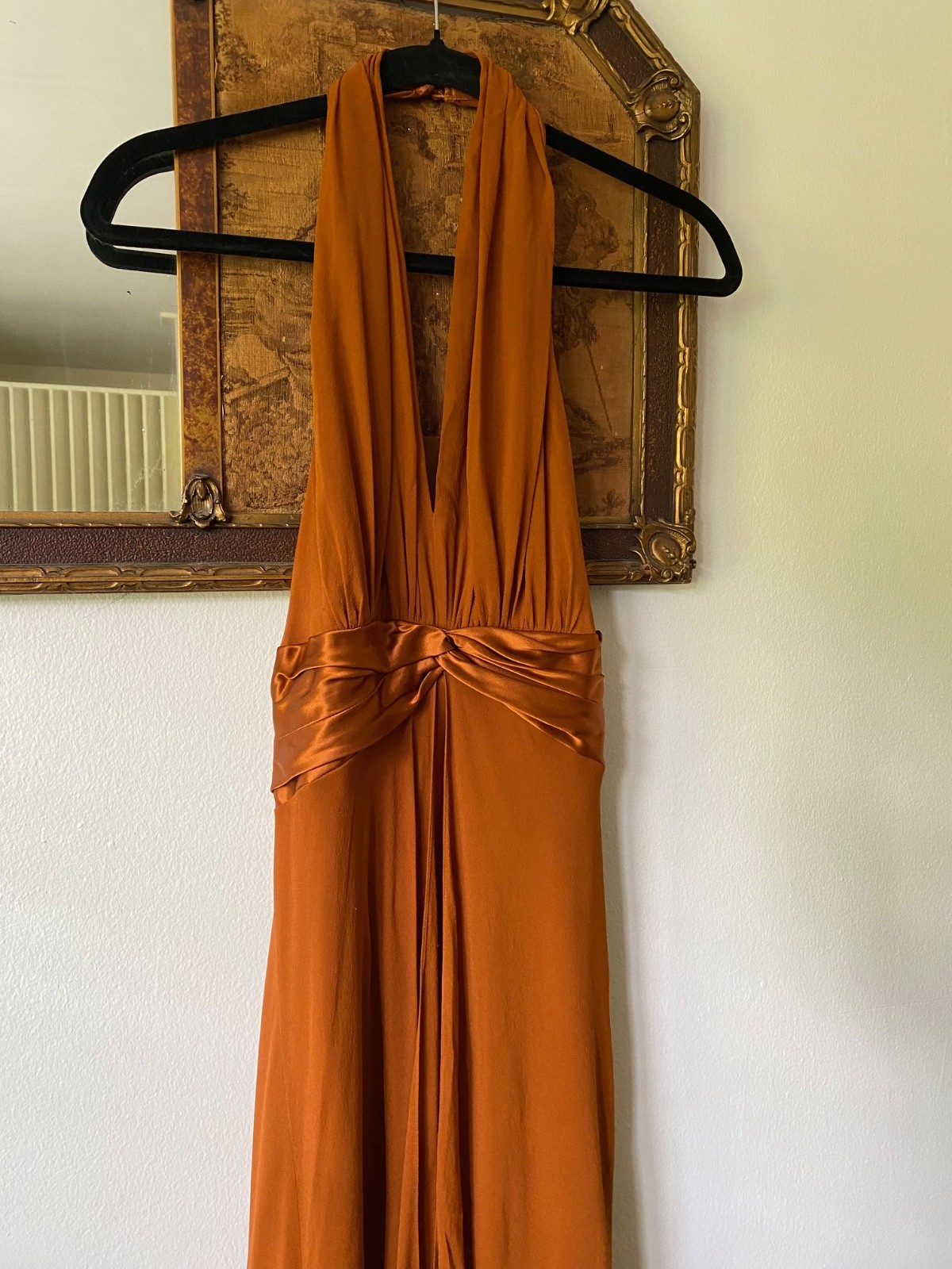 Vintage 100% Silk Burnt Orange Rust Halter Neck Chiffon Dress Boho Formal 6