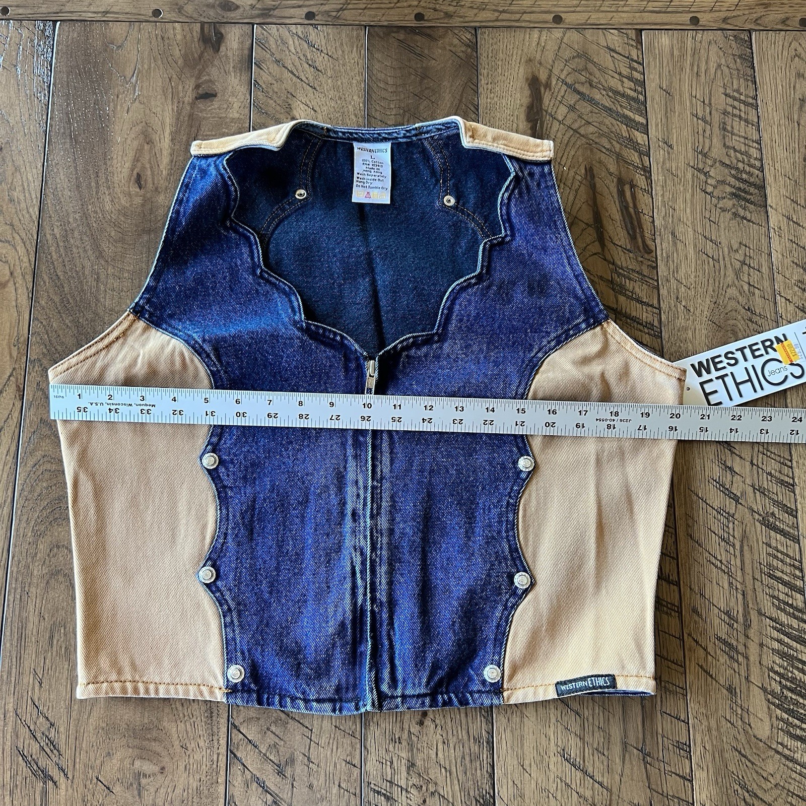 Vintage Western Ethics Bling Vest L Denim Tan 2 Tone 80s Scalloped Zip Cowgirl