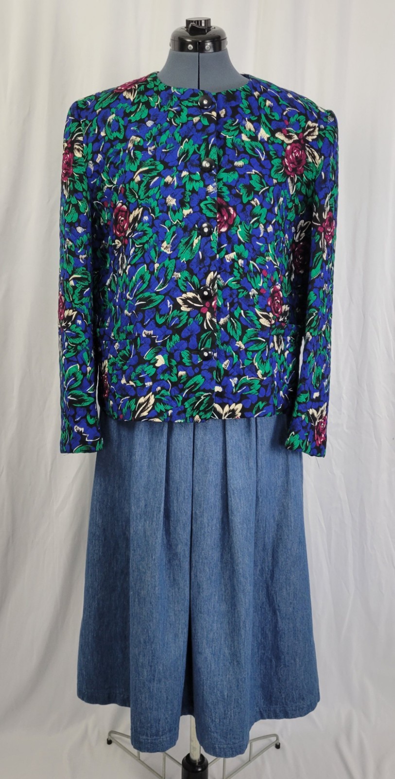 Vtg Stephen Douglas Ltd Blue & Green w Purple Flowers Quilted Jacket Size 14