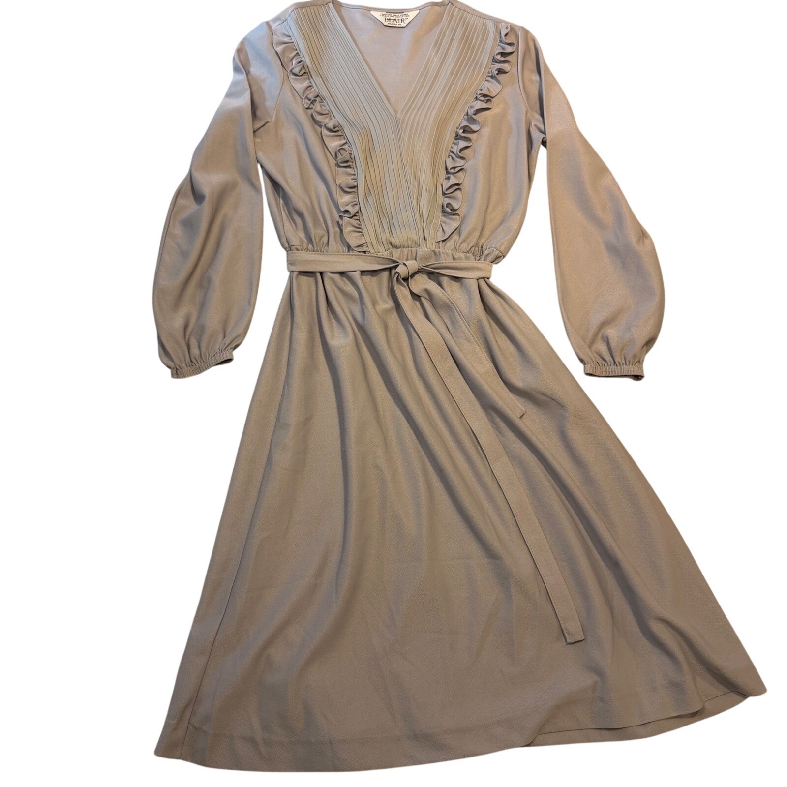 Vintage Belair Lavender Grey Pleated Ruffle V-Neck Bishop Sleeve Midi Dress 70s