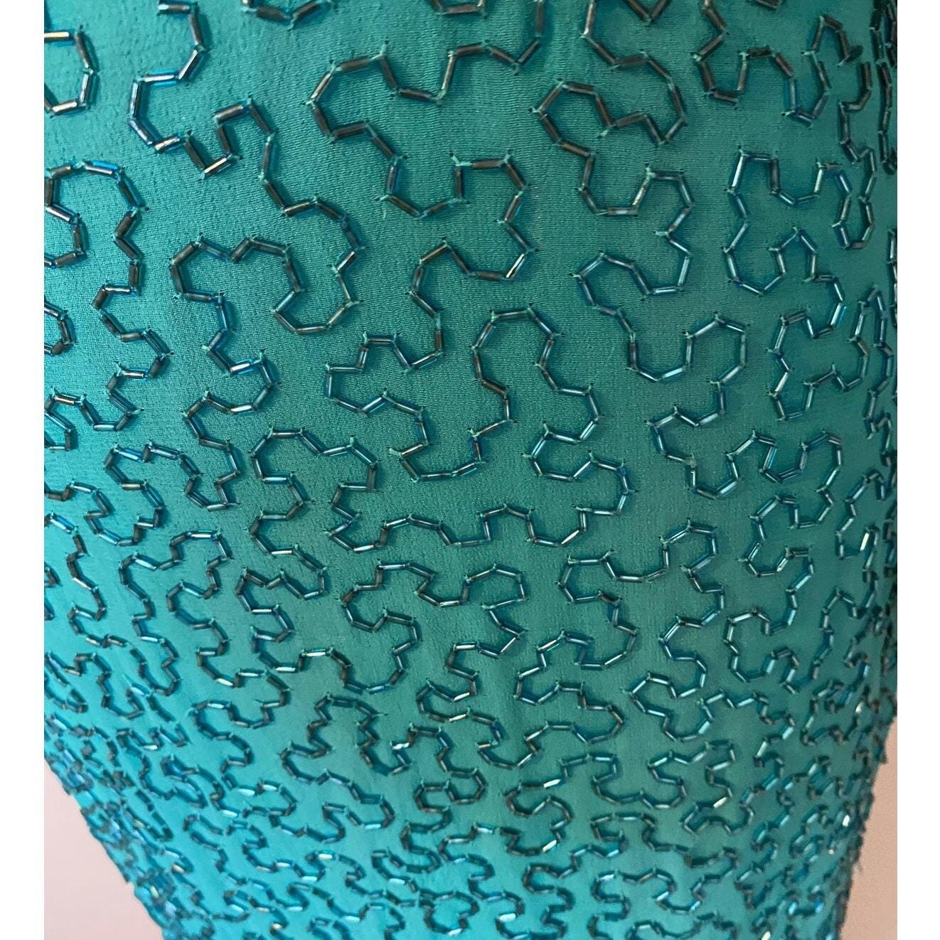 Vintage 80s Naeem Khan Riazee Nights Beaded sequined Teal 100% Silk Gown size 6