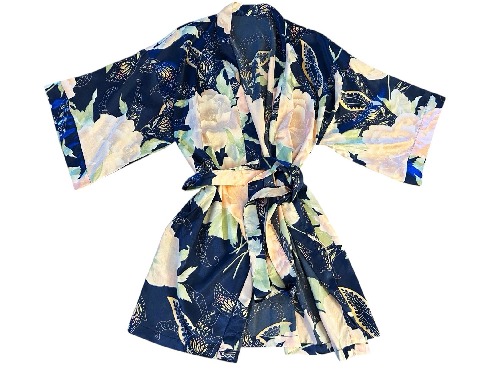 Vintage Satin Shiny Bell Angel Sleeve Kimono Robe Peach/Blush & Blue Floral