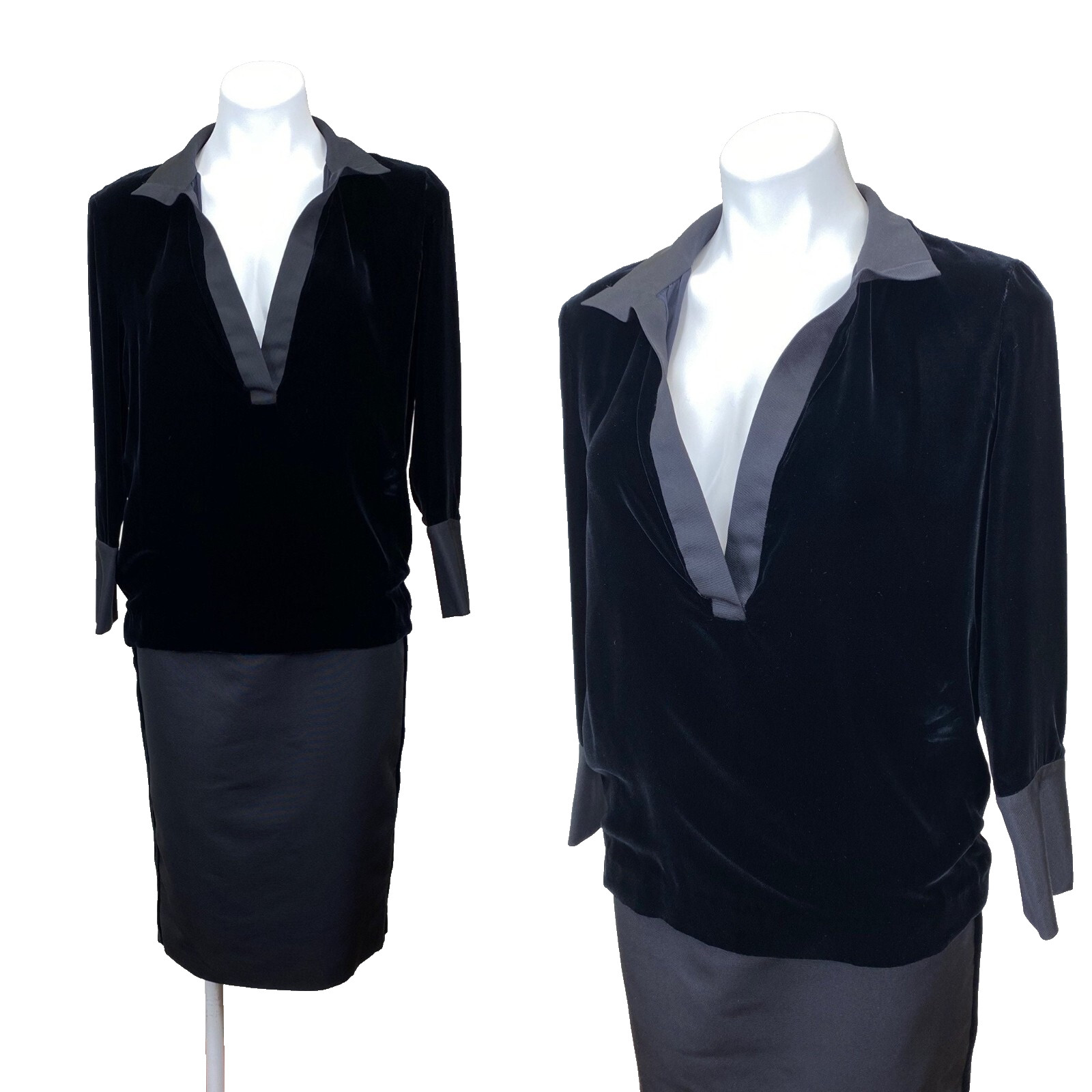 Vintage Gucci Pencil Skirt & Deep-V Neck Sexy Velvet Blouse Set Satin Work Wear