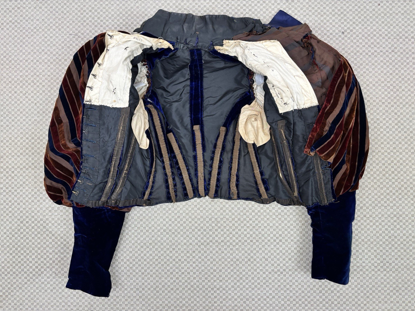 Antique Victorian Royal Blue Velvet Brown Stripes Jacket Leg of Mutton Sleeve