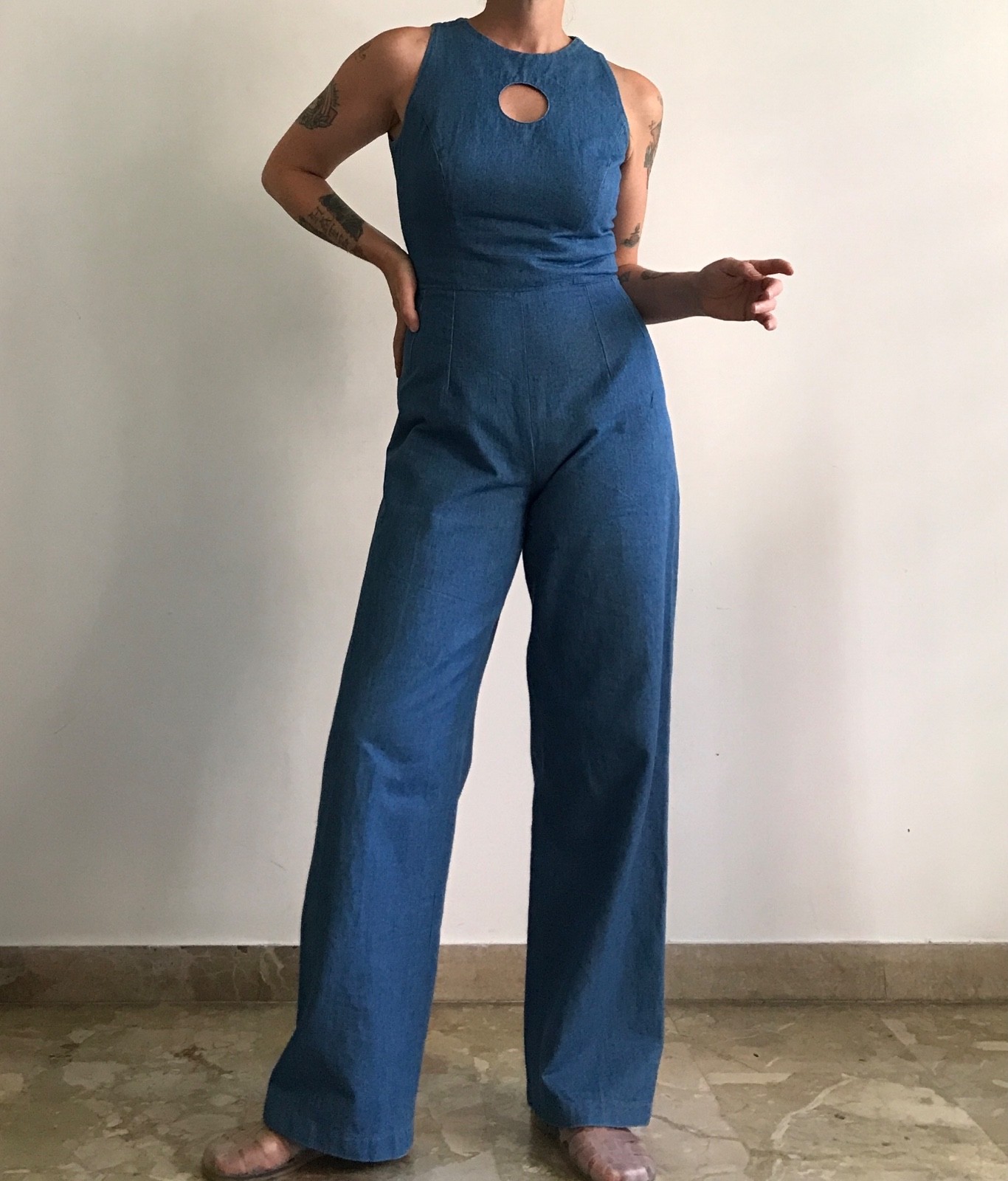 Vintage 70s Soft Denim Jumpsuit, Wide Leg Porthole Jeans Jumpsuit