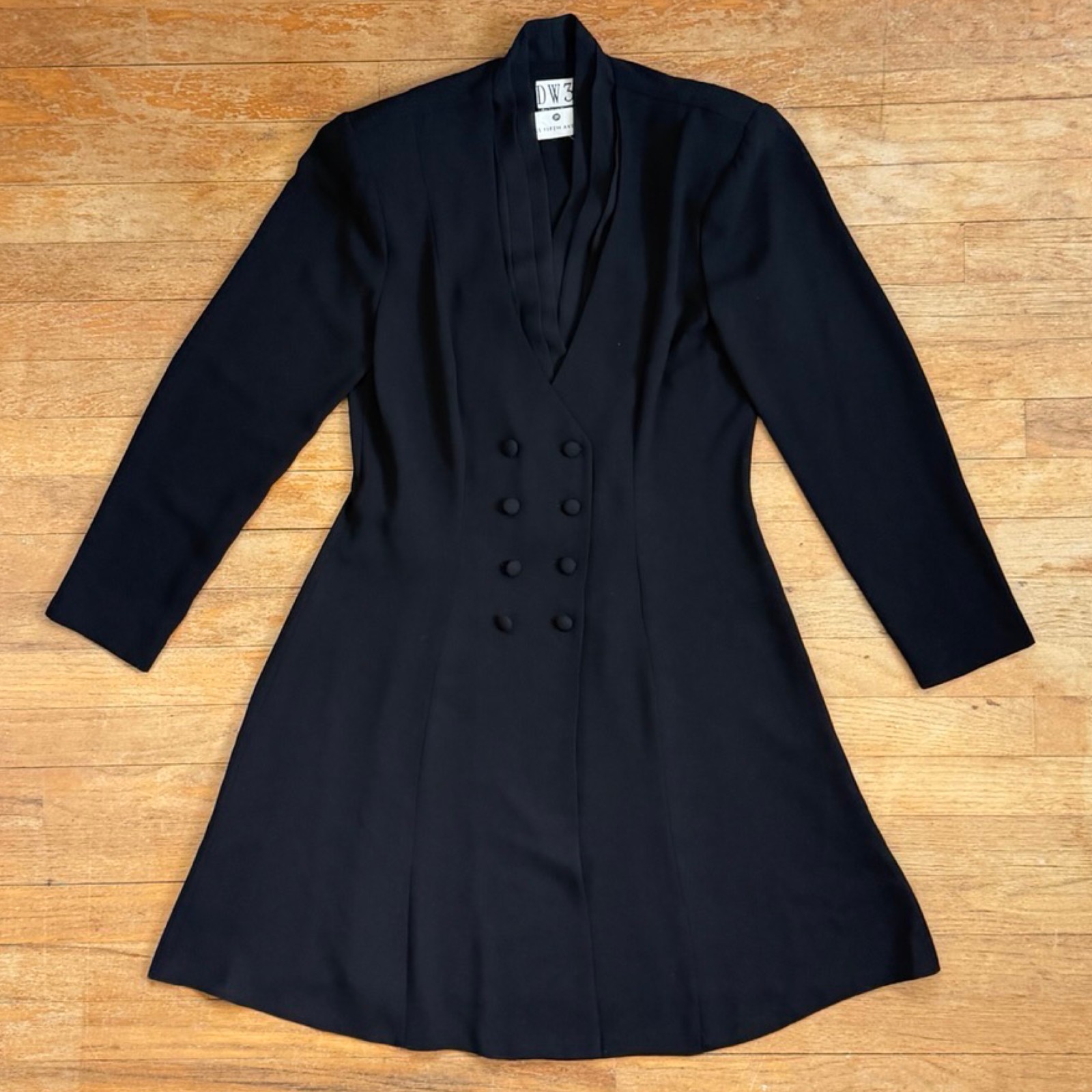 Vintage Double-Breasted Blazer Dress Size Medium 80s Black Sheer Crepe DW3 Saks