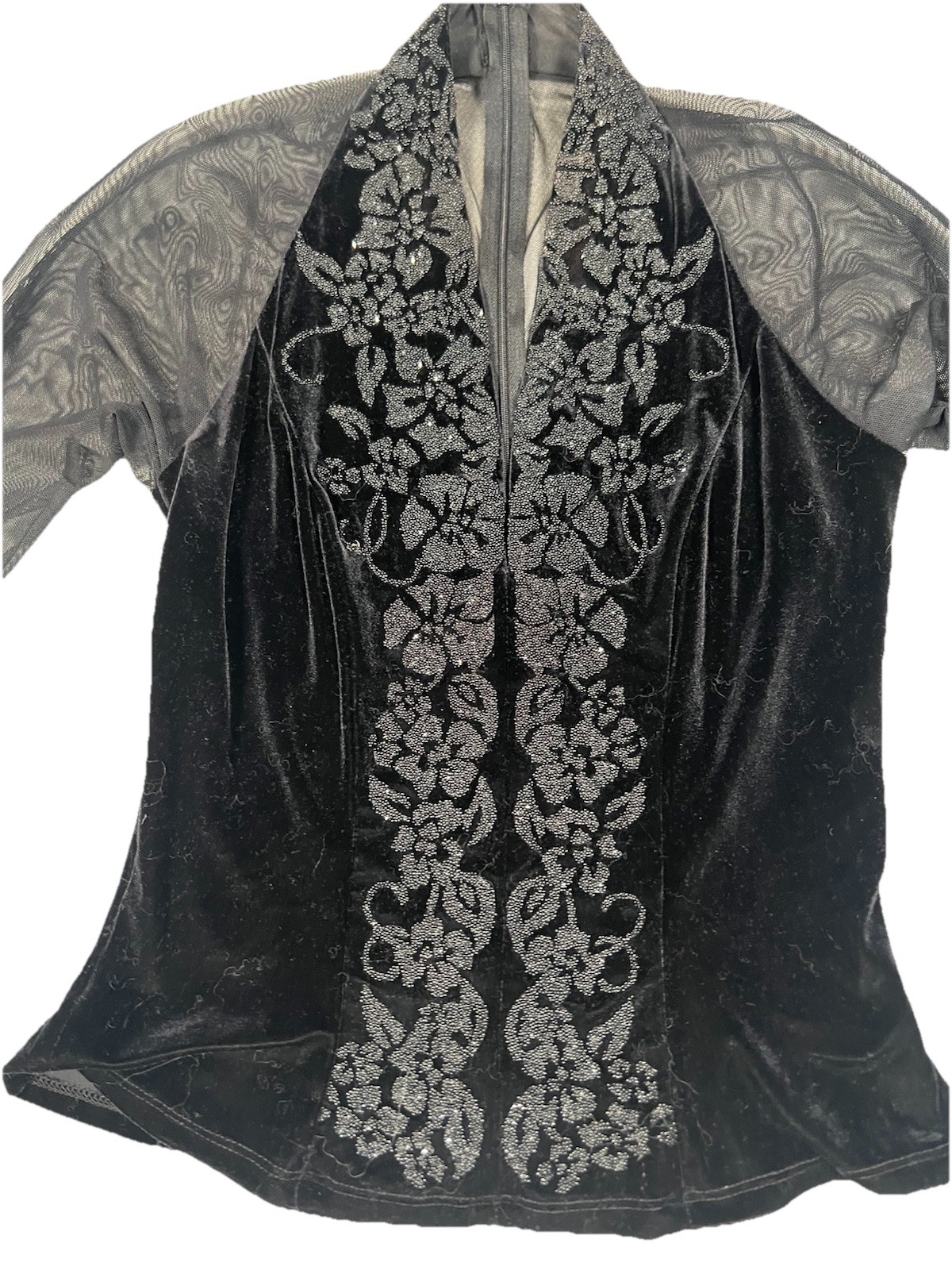 VTG JR Nites Caliendo Black Velvet Mesh Long Sleeve Top Plunging Sexy Zip Size 6