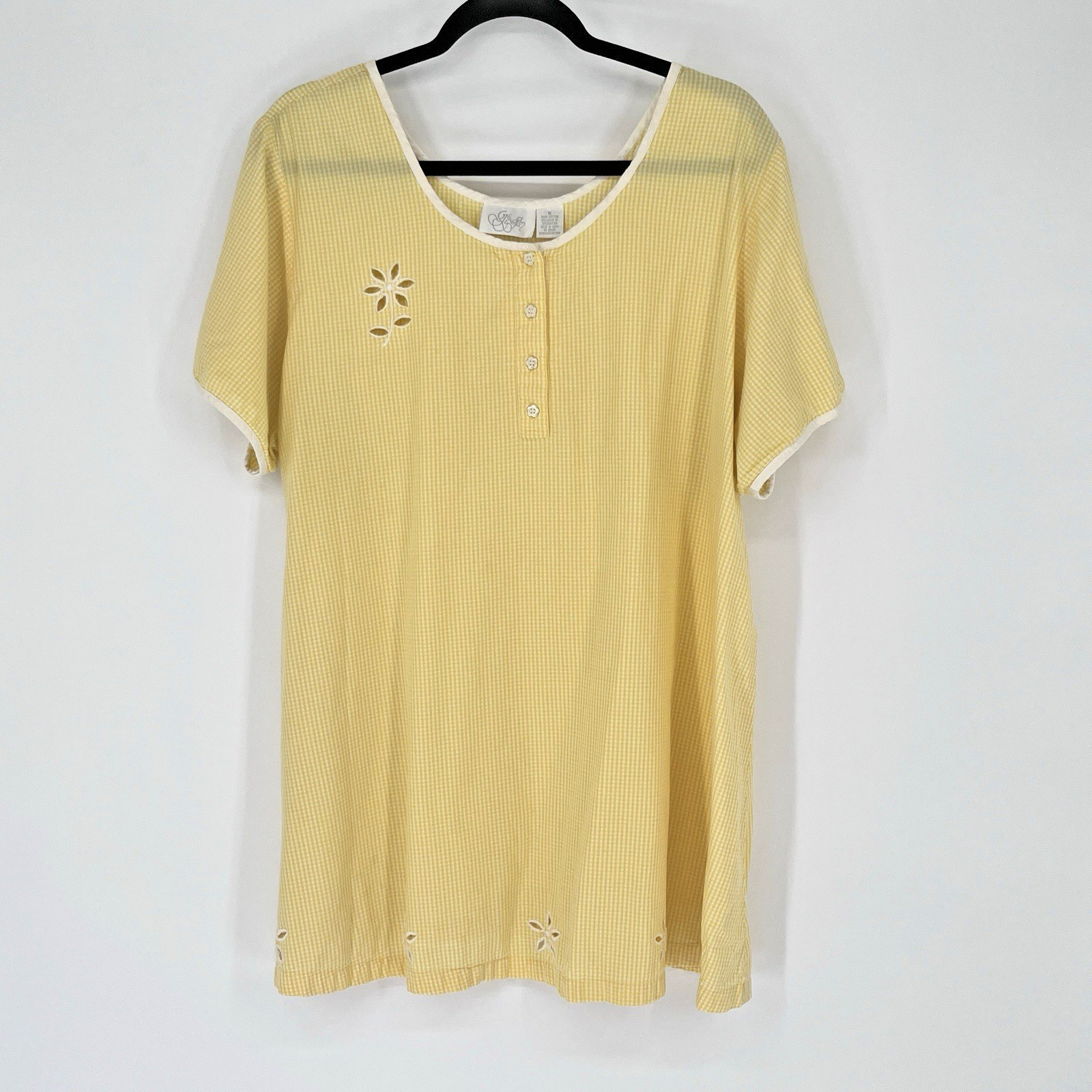 Vintage Go Softly Sz 1X Yellow Gingham Blouse Floral Buttons Tunic White Trim