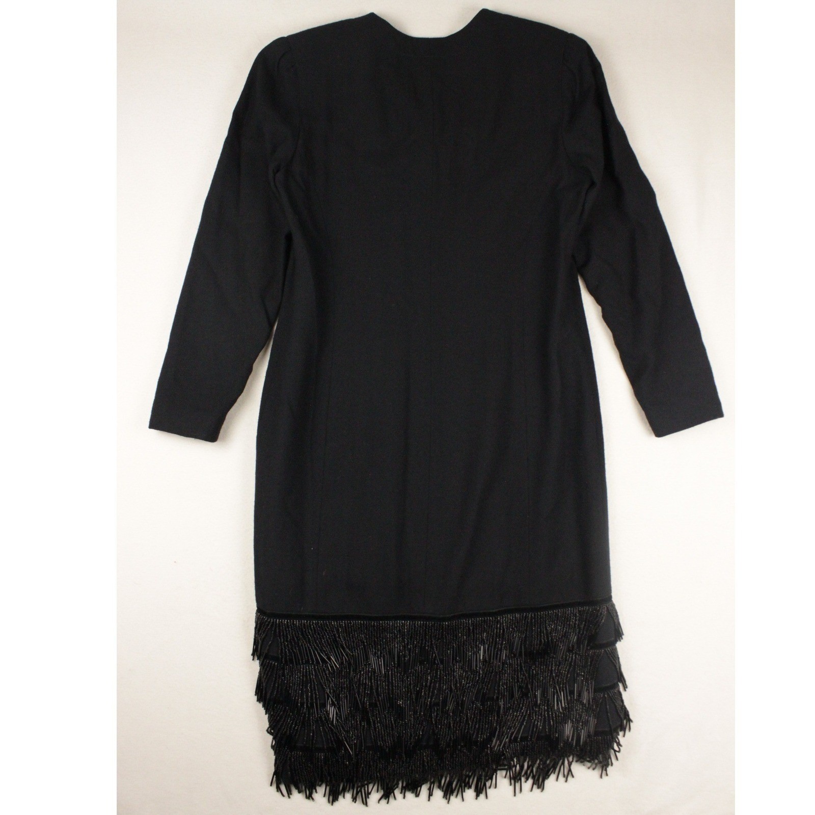 Vintage Pia Rucci Black Wool Beaded Fringe Dress 80s Double Breasted Size 10