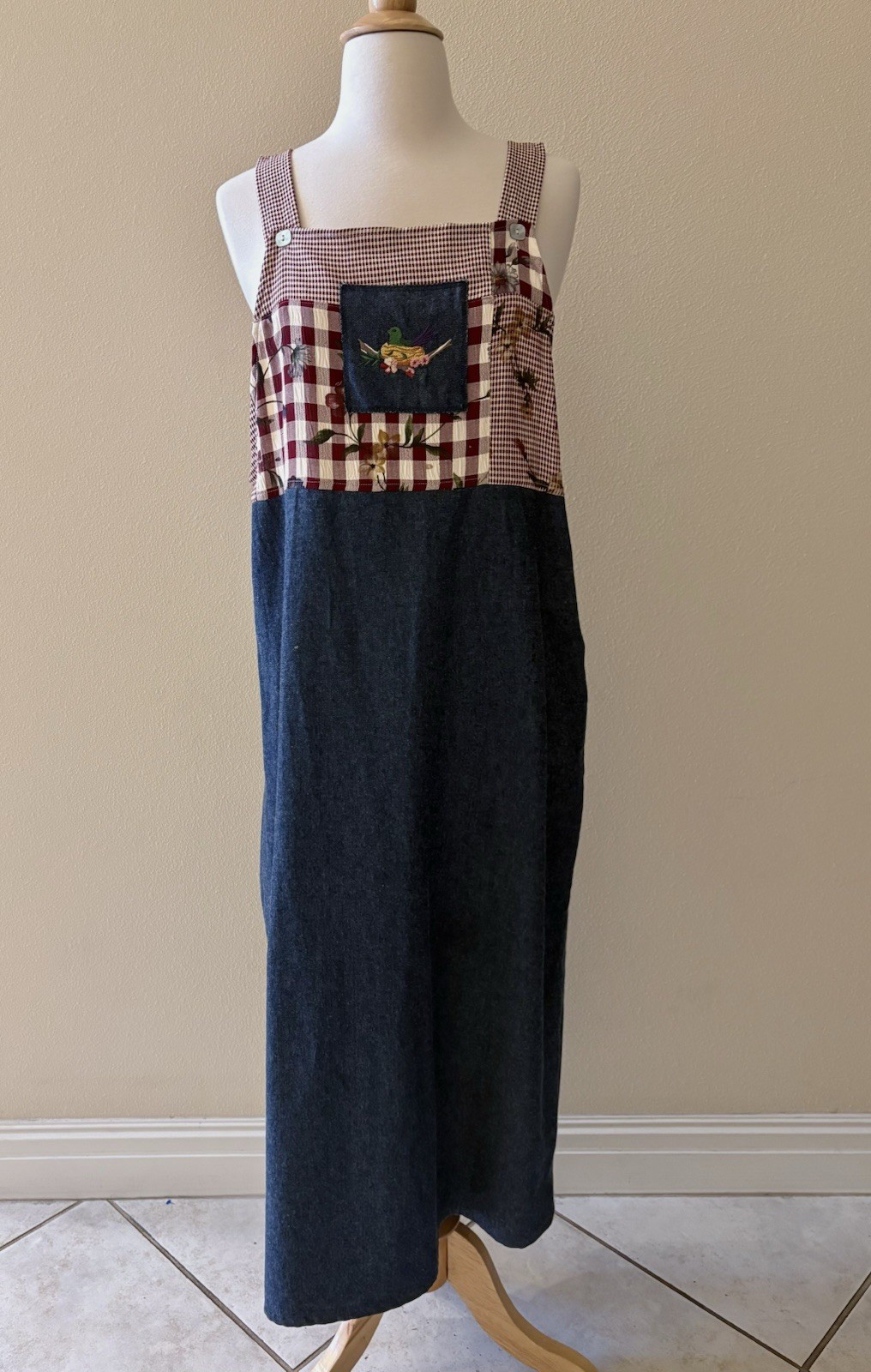 Teddi Vintage 90s Overalls Jumper Blue Denim Red Plaid Bird Maxi Dress PL