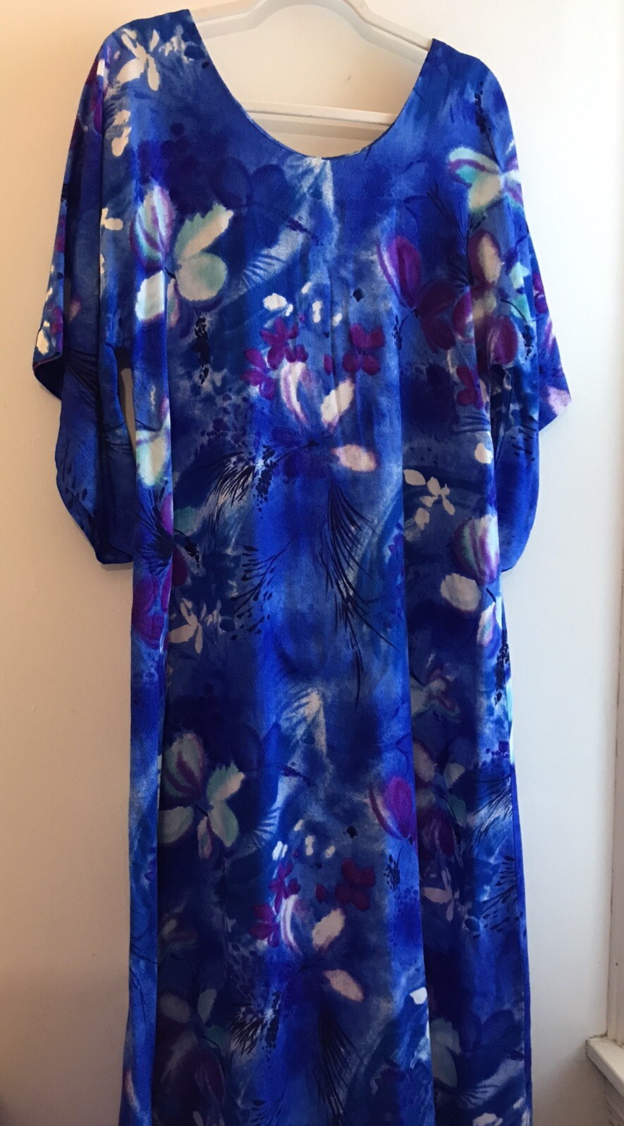 Vintage Hawaiian Maxi Dress Barkcloth GALAXY FLORAL Blue Purple Vibrant ~ Sz M