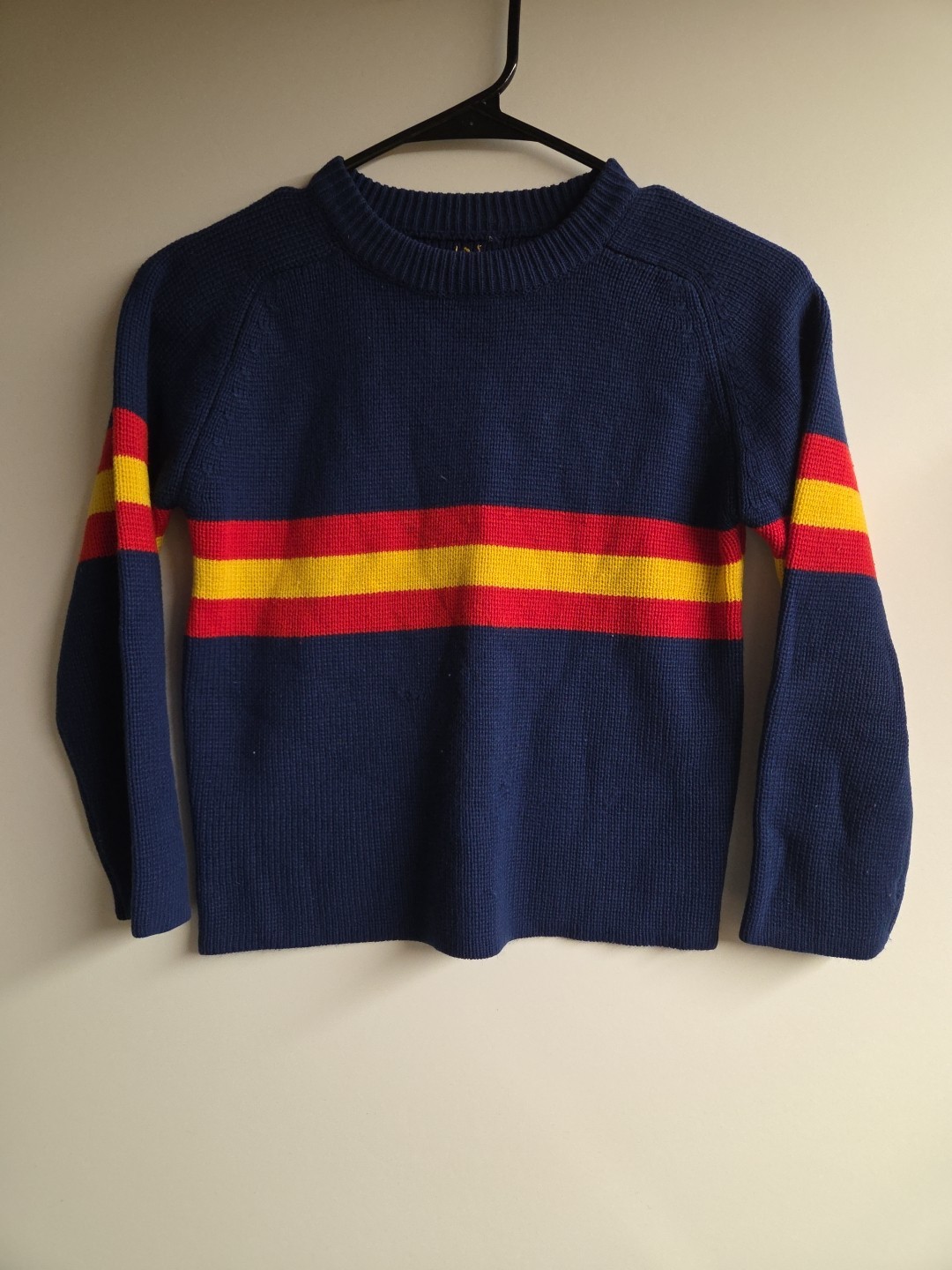 Vintage 70s 80s Navy Blue Striped Knit Sweater 16×18.5 w/ Initials JN Stitched
