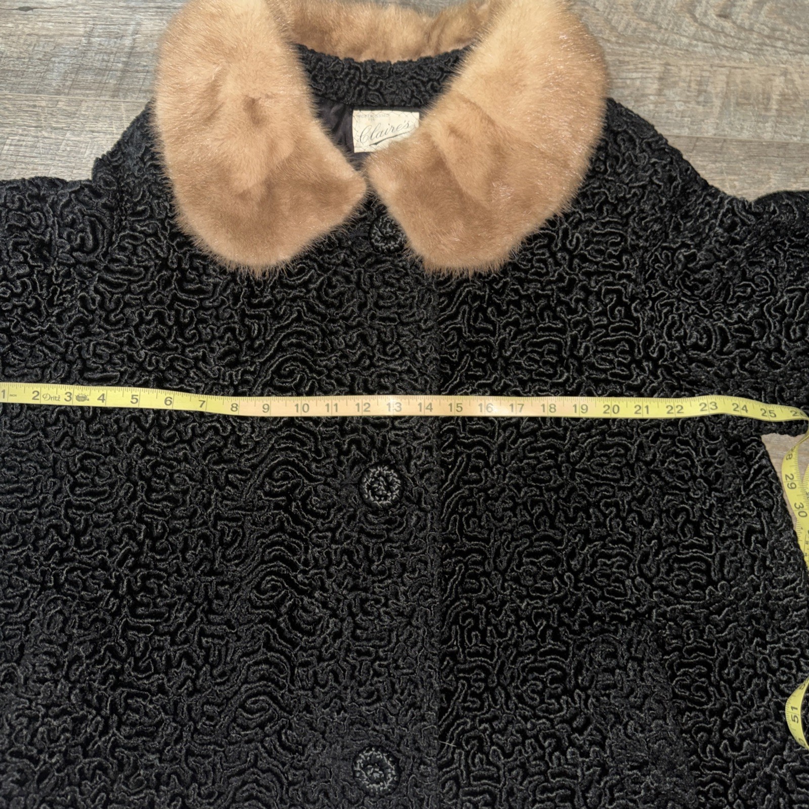 Vtg 50’s Astrakin Black Curly Persian Lamb Wool Swing Coat Mink Collar France L
