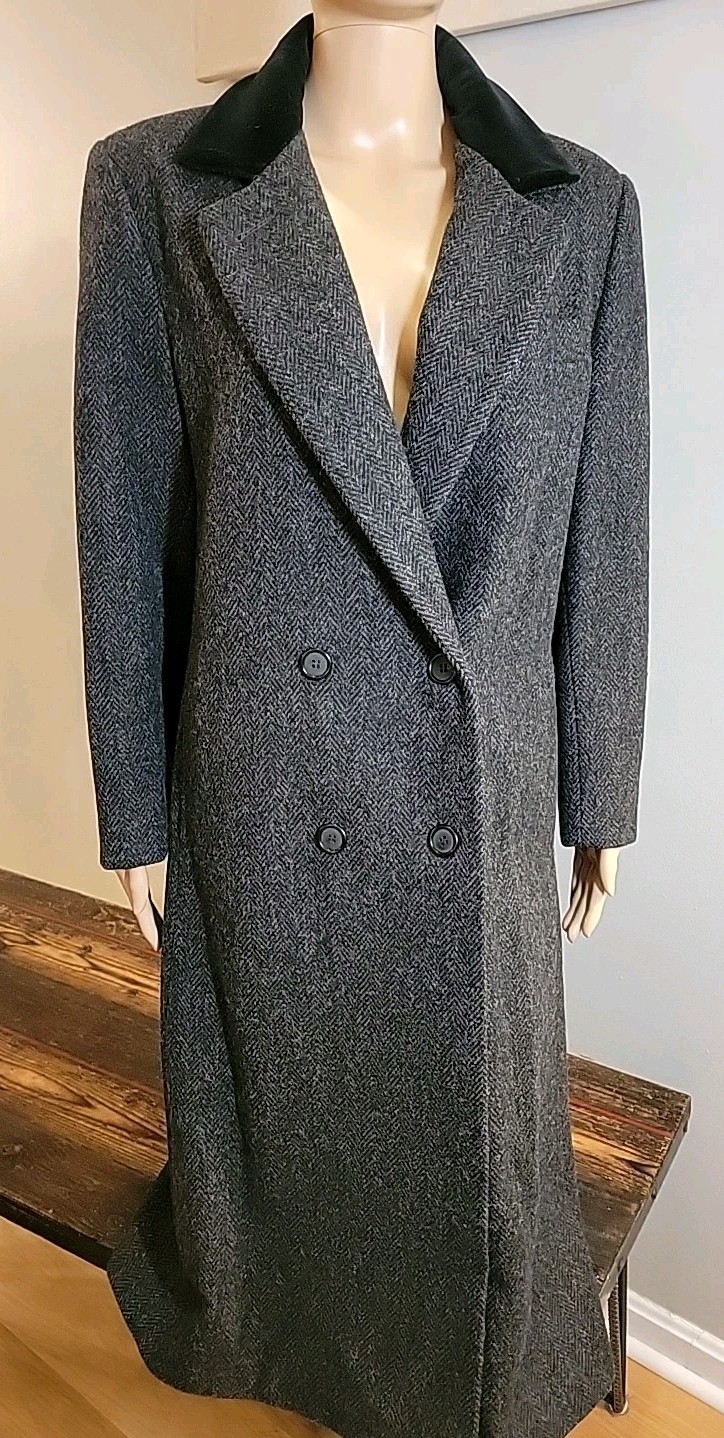 Vtg Forecaster of Boston Herringbone 100% Pure Wool Coat Sz 11/12 Velvet Collar