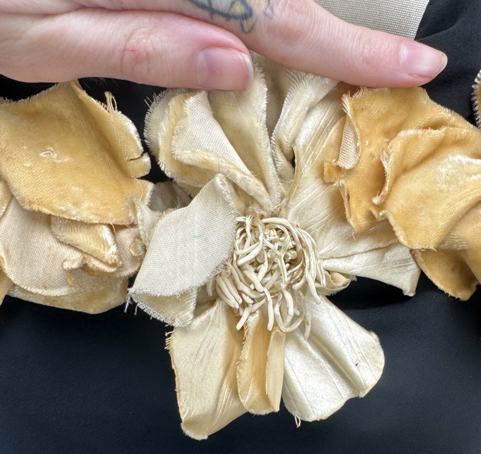 Antique 1920s 1930s Black Silk Gown Full Length Creme Velvet Flower Appliques