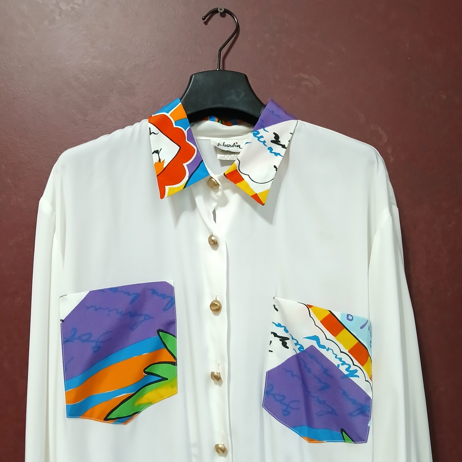 Vintage Jo Hardin Multicolor Abstract Funky Pattern Blouse Shirt Top Size 14