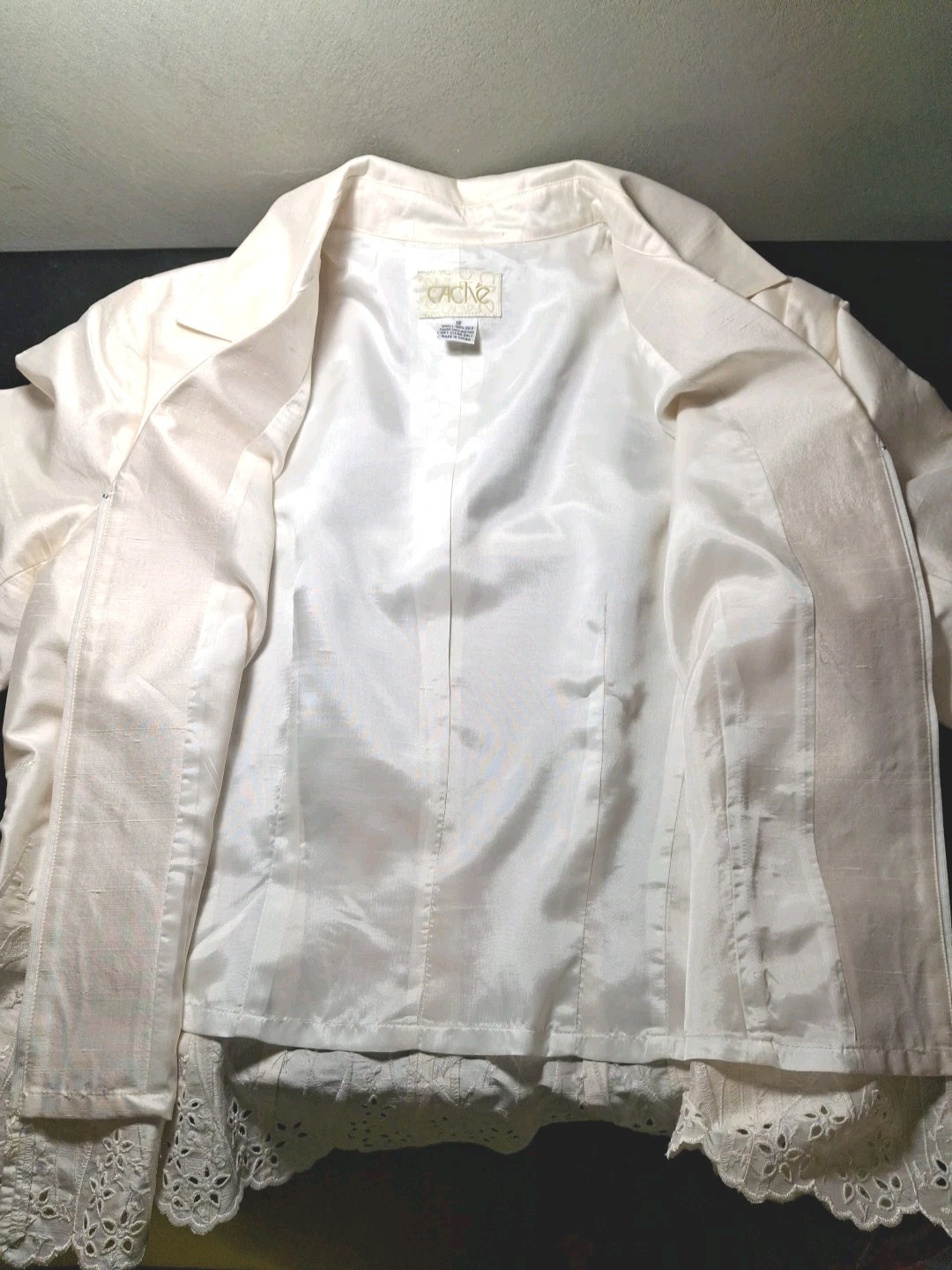 VTG Cachet Ivory Evening Jacket Sz 12 100% Silk Embroidered Zip Front 3/4 Sleeve