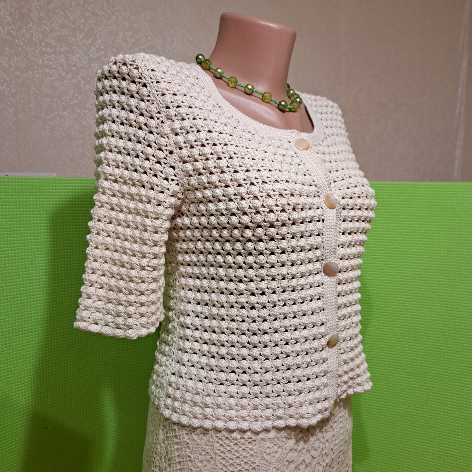 Vintage 80s 90s Handmade Crochet Cardigan Ivory MOP Buttons Ukrainian Handcraft