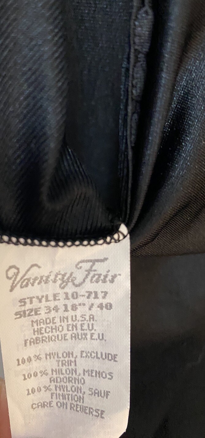 Vintage VANITY FAIR Black Silky Nylon Full Slip Lingerie Size 34 / 18”